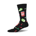 Black crew socks with a fun kimchi print. Features red chilies, green onions, napa cabbage, and illustrations of kimchi jars.