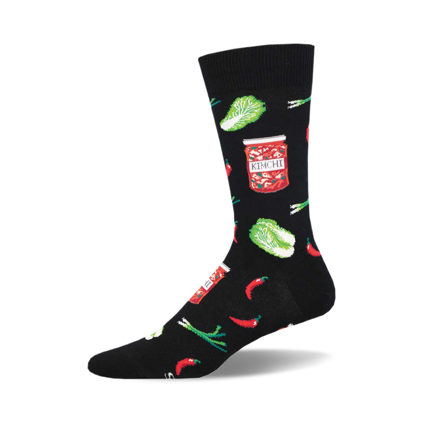 Black crew socks with a fun kimchi print. Features red chilies, green onions, napa cabbage, and illustrations of kimchi jars.