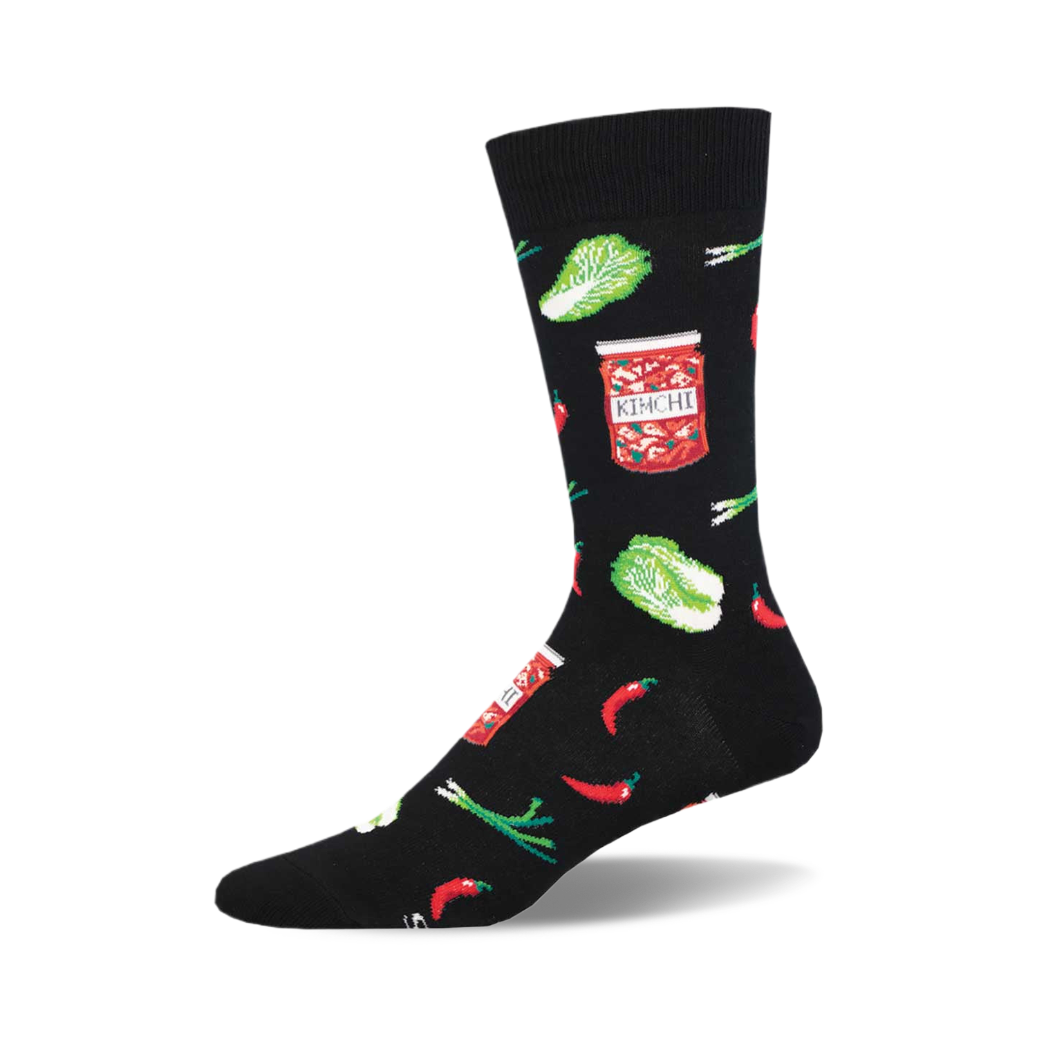 Black crew socks with a fun kimchi print. Features red chilies, green onions, napa cabbage, and illustrations of kimchi jars.