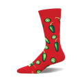 Red crew socks covered in a fun pattern of green jalape??o peppers and slices.  A spicy, playful addition to any wardrobe!