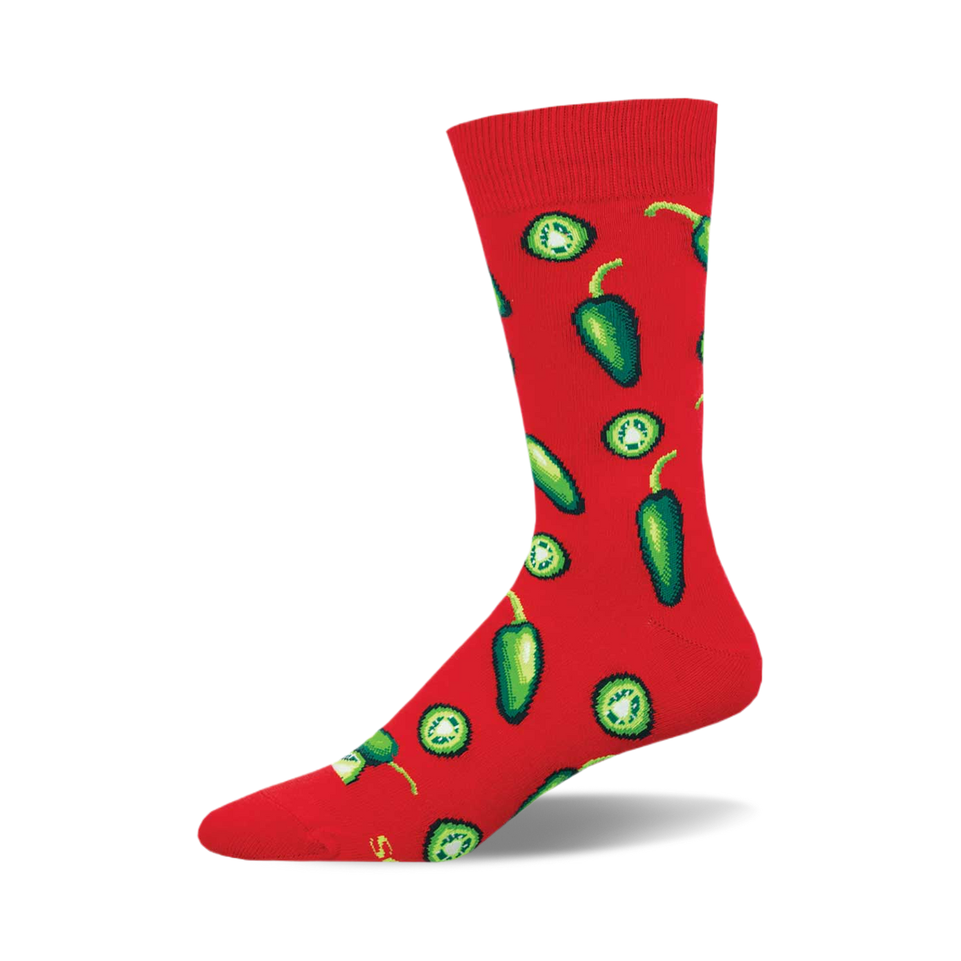 Red crew socks covered in a fun pattern of green jalape??o peppers and slices.  A spicy, playful addition to any wardrobe!