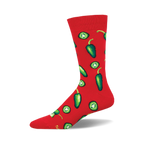 Red crew socks covered in a fun pattern of green jalape??o peppers and slices.  A spicy, playful addition to any wardrobe!