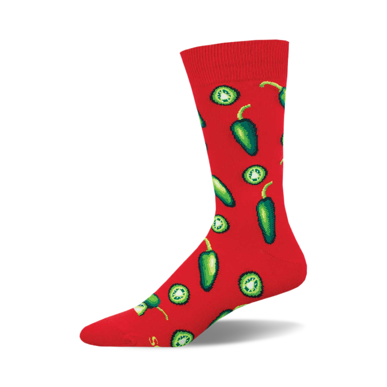 Red crew socks covered in a fun pattern of green jalape??o peppers and slices.  A spicy, playful addition to any wardrobe!