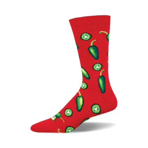 Red crew socks covered in a fun pattern of green jalape??o peppers and slices.  A spicy, playful addition to any wardrobe!