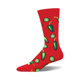 socks that are red with a pattern of green jalapenos.