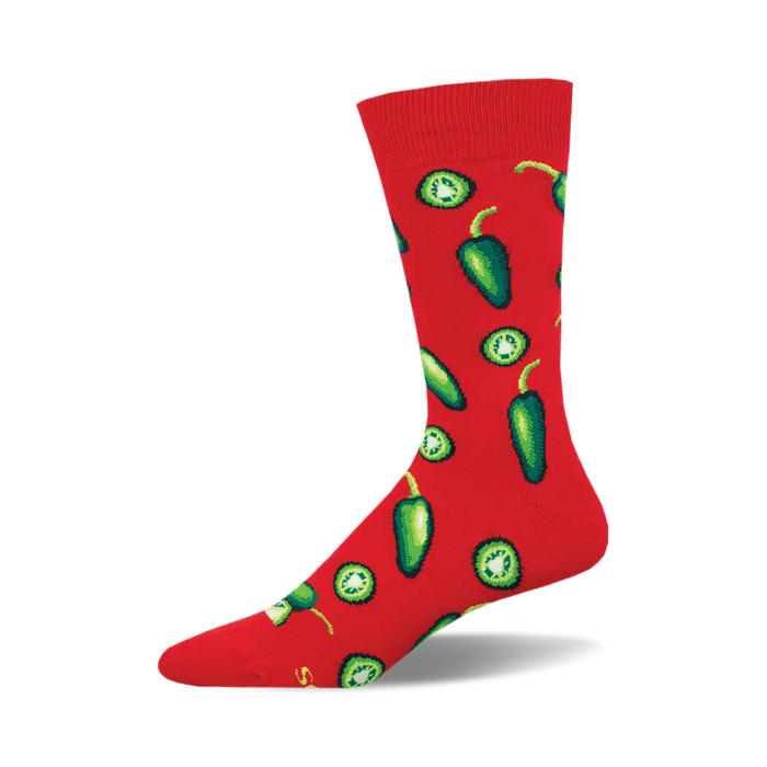 socks that are red with a pattern of green jalapenos. }}