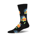 Crew socks in black featuring a repeating pattern of tequila bottles, lime wedges, and agave plants. 