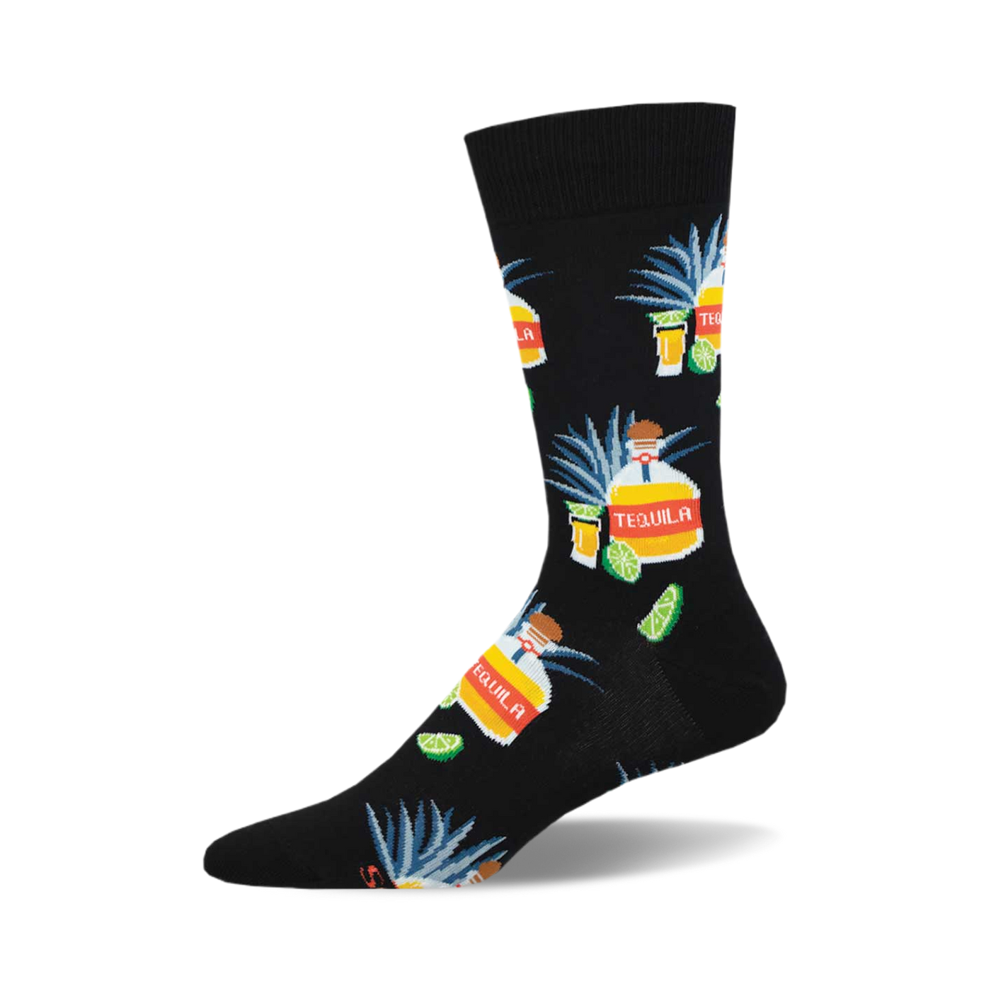 Crew socks in black featuring a repeating pattern of tequila bottles, lime wedges, and agave plants. 