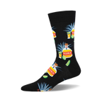 Crew socks in black featuring a repeating pattern of tequila bottles, lime wedges, and agave plants. 