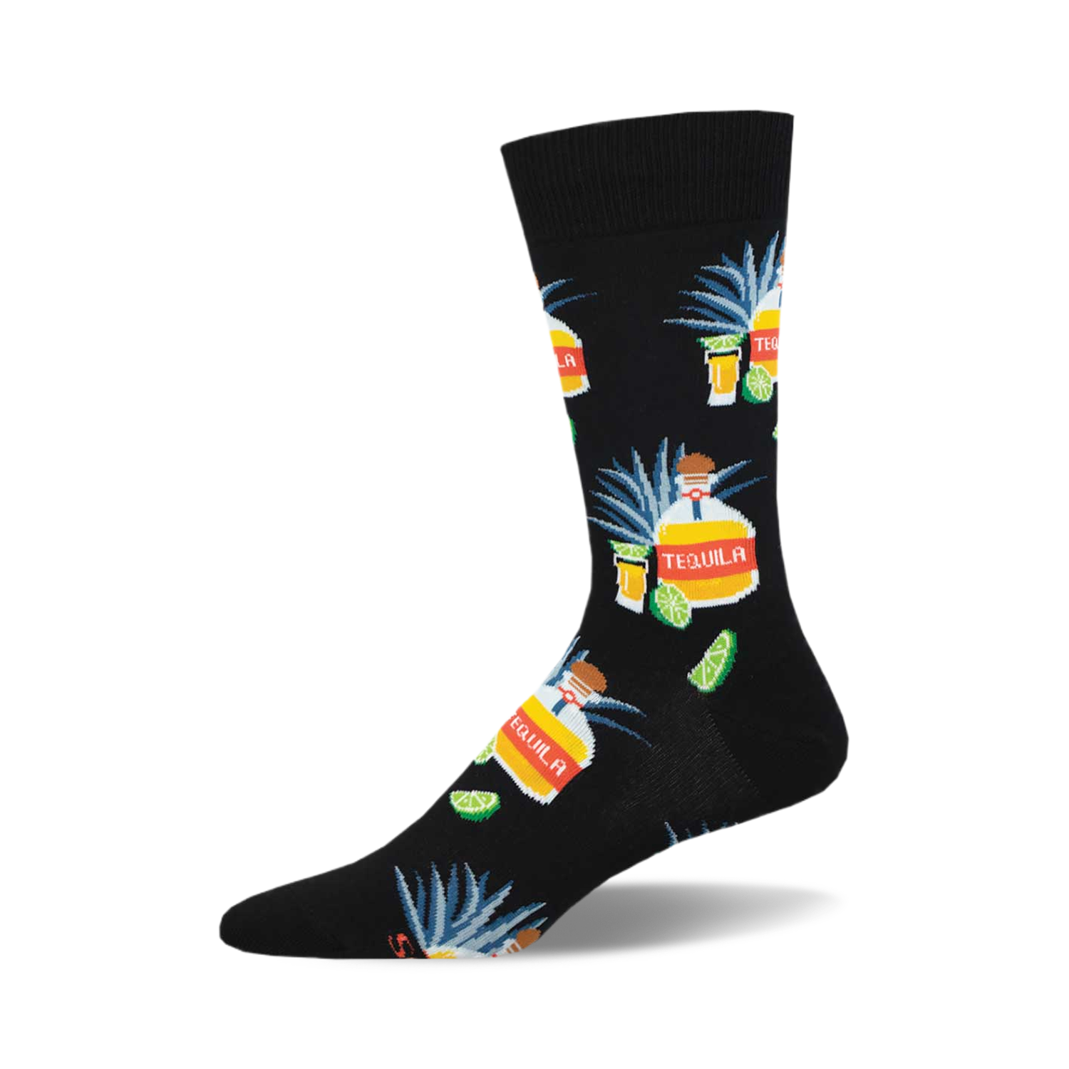 Crew socks in black featuring a repeating pattern of tequila bottles, lime wedges, and agave plants. 