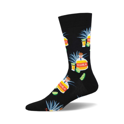 Black crew socks with a pattern of yellow tequila bottles, green agave leaves, clear shot glasses, and green lime wedges.