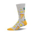 Grey crew socks with a fun Hawaiian pizza design.  Features yellow pineapples, pizza slices, and yellow accents on the toes.