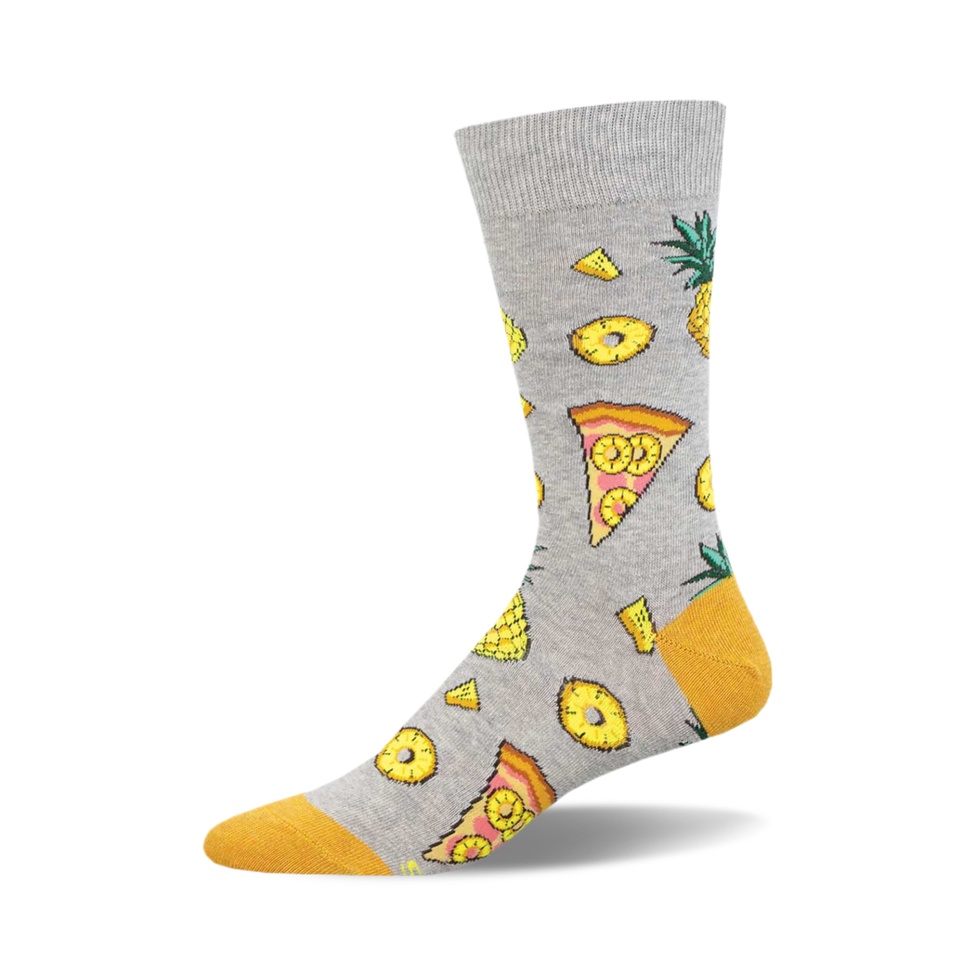 Grey crew socks with a fun Hawaiian pizza design.  Features yellow pineapples, pizza slices, and yellow accents on the toes.