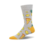 Grey crew socks with a fun Hawaiian pizza design.  Features yellow pineapples, pizza slices, and yellow accents on the toes.