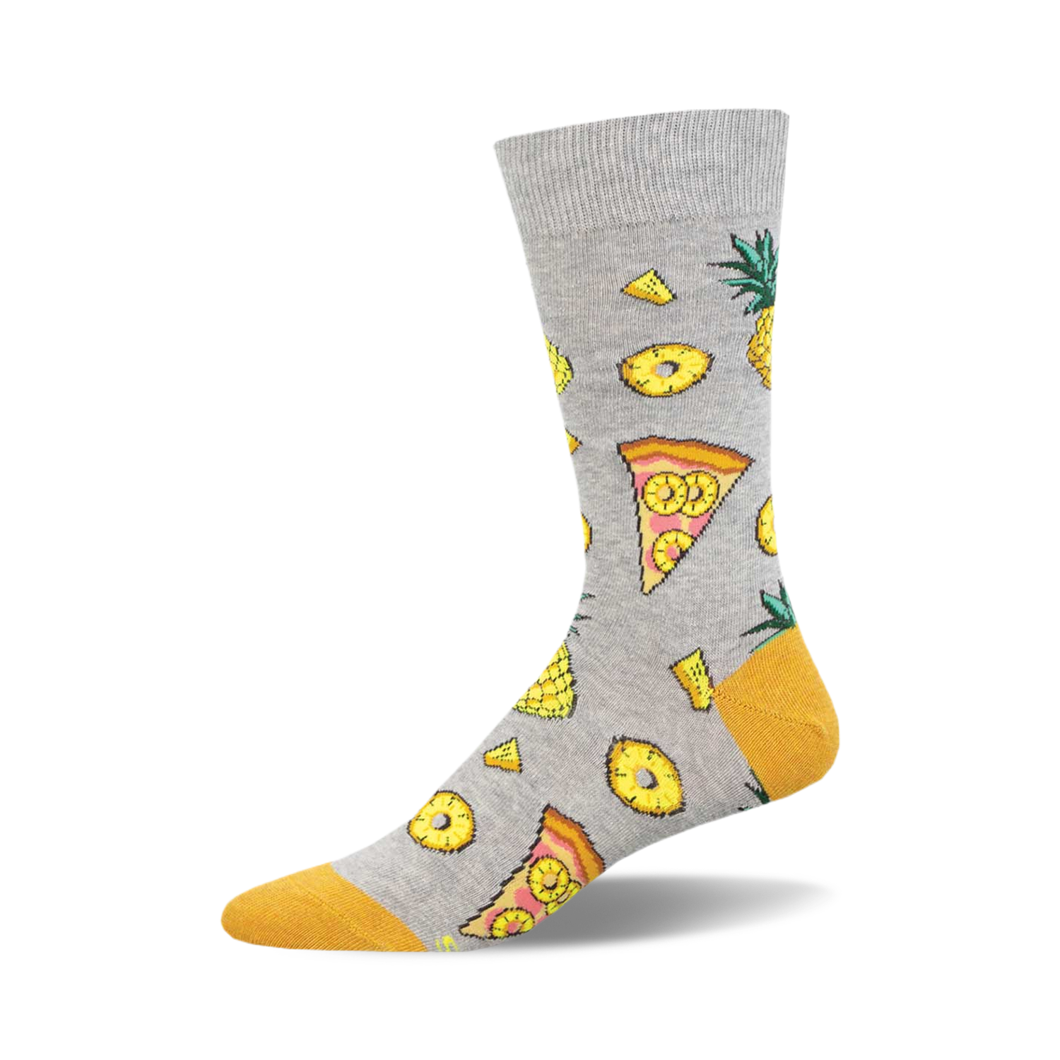 Grey crew socks with a fun Hawaiian pizza design.  Features yellow pineapples, pizza slices, and yellow accents on the toes.
