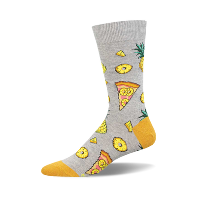 Light grey crew socks with a repeating pattern of Hawaiian pizza slices and yellow pineapples. Features mustard yellow heel and toe.