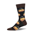 A crew sock with a dark brown cuff and black body.  The design features repeated images of baked potatoes with colorful toppings.