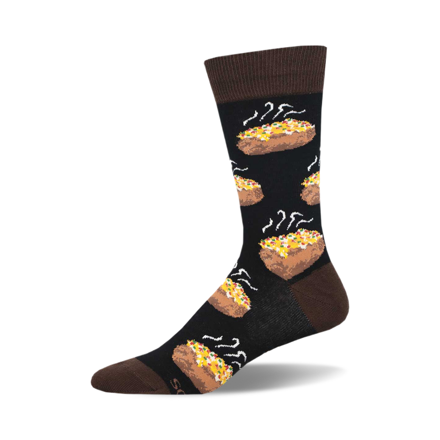 A crew sock with a dark brown cuff and black body.  The design features repeated images of baked potatoes with colorful toppings.