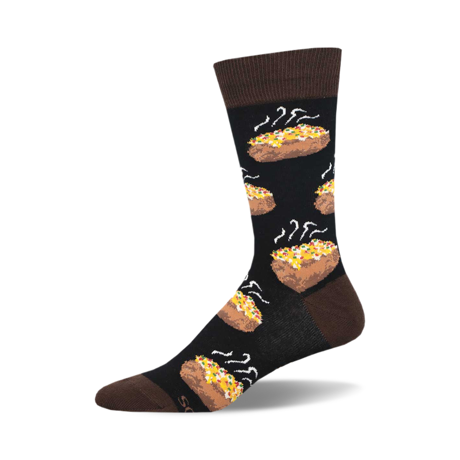 A crew sock with a dark brown cuff and black body.  The design features repeated images of baked potatoes with colorful toppings.