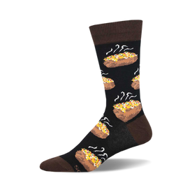 socks that are black with a pattern of baked potatoes. the potatoes are topped with cheese, bacon, and chives.