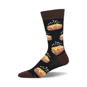 socks that are black with a pattern of baked potatoes. the potatoes are topped with cheese, bacon, and chives.