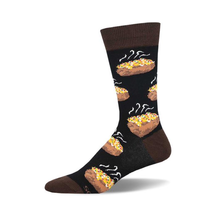socks that are black with a pattern of baked potatoes. the potatoes are topped with cheese, bacon, and chives. }}