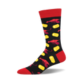 Crew socks in black with red and yellow crawfish and corn designs. Red cuff.