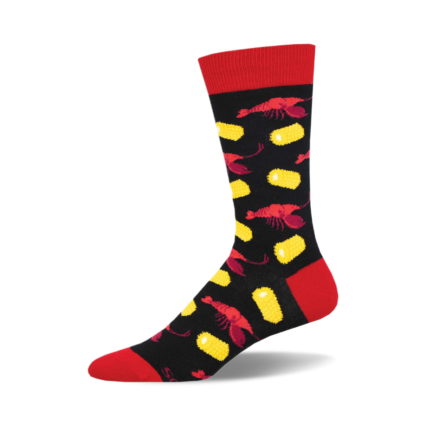 Crew socks in black with red and yellow crawfish and corn designs. Red cuff.