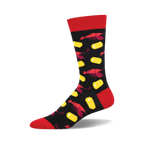 Crew socks in black with red and yellow crawfish and corn designs. Red cuff.