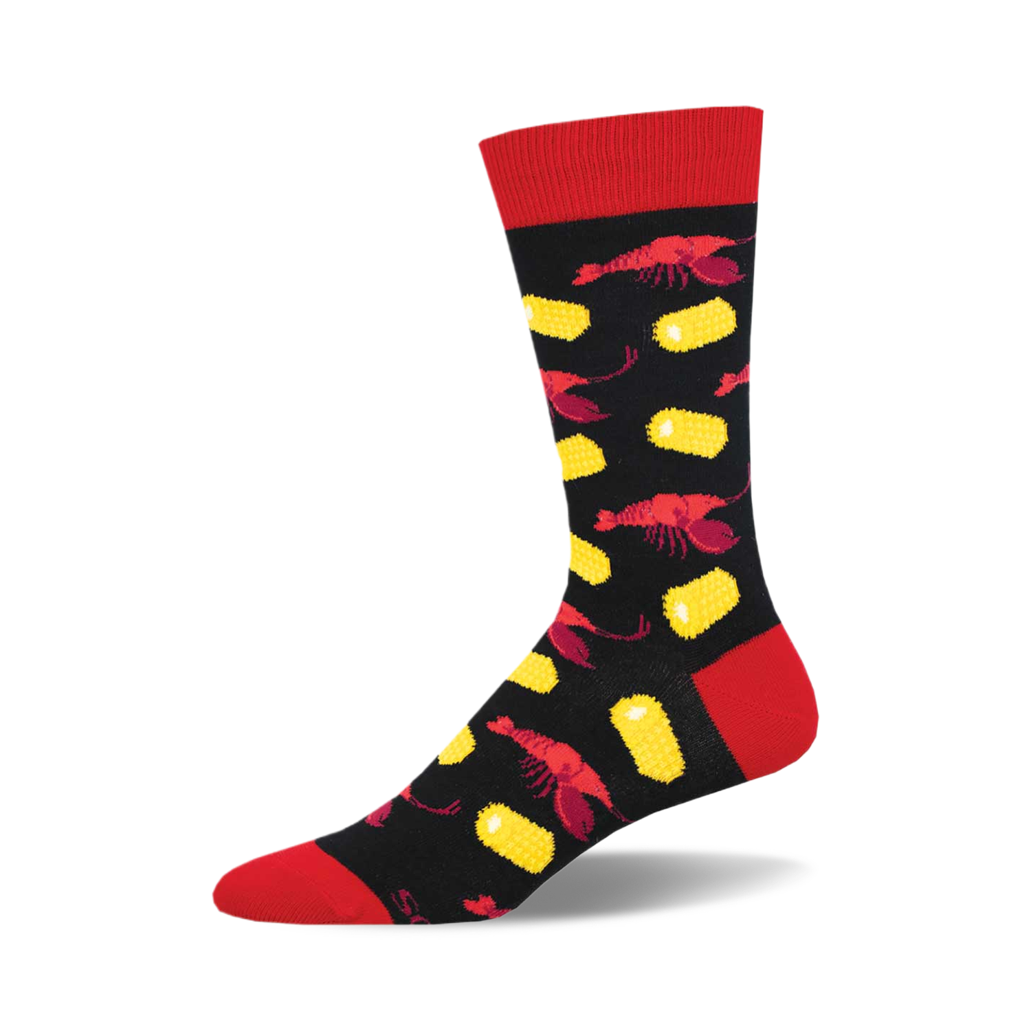 Crew socks in black with red and yellow crawfish and corn designs. Red cuff.
