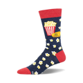 A navy blue crew sock with a red cuff features a popcorn bucket graphic and 'Shit Show' movie ticket.  Scattered popcorn designs complete the look.