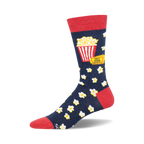 A navy blue crew sock with a red cuff features a popcorn bucket graphic and 'Shit Show' movie ticket.  Scattered popcorn designs complete the look.