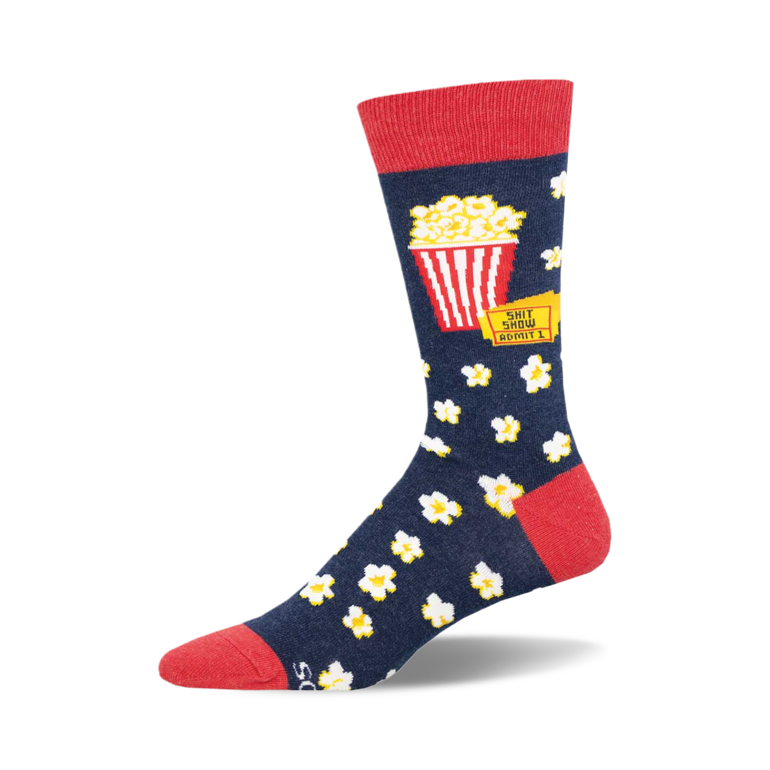 A navy blue crew sock with a red cuff features a popcorn bucket graphic and 'Shit Show' movie ticket.  Scattered popcorn designs complete the look.
