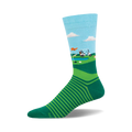 Fore Putt Golf Crew Socks. Light blue, green, and white design features a golf cart on a putting green. Green stripes on the foot.
