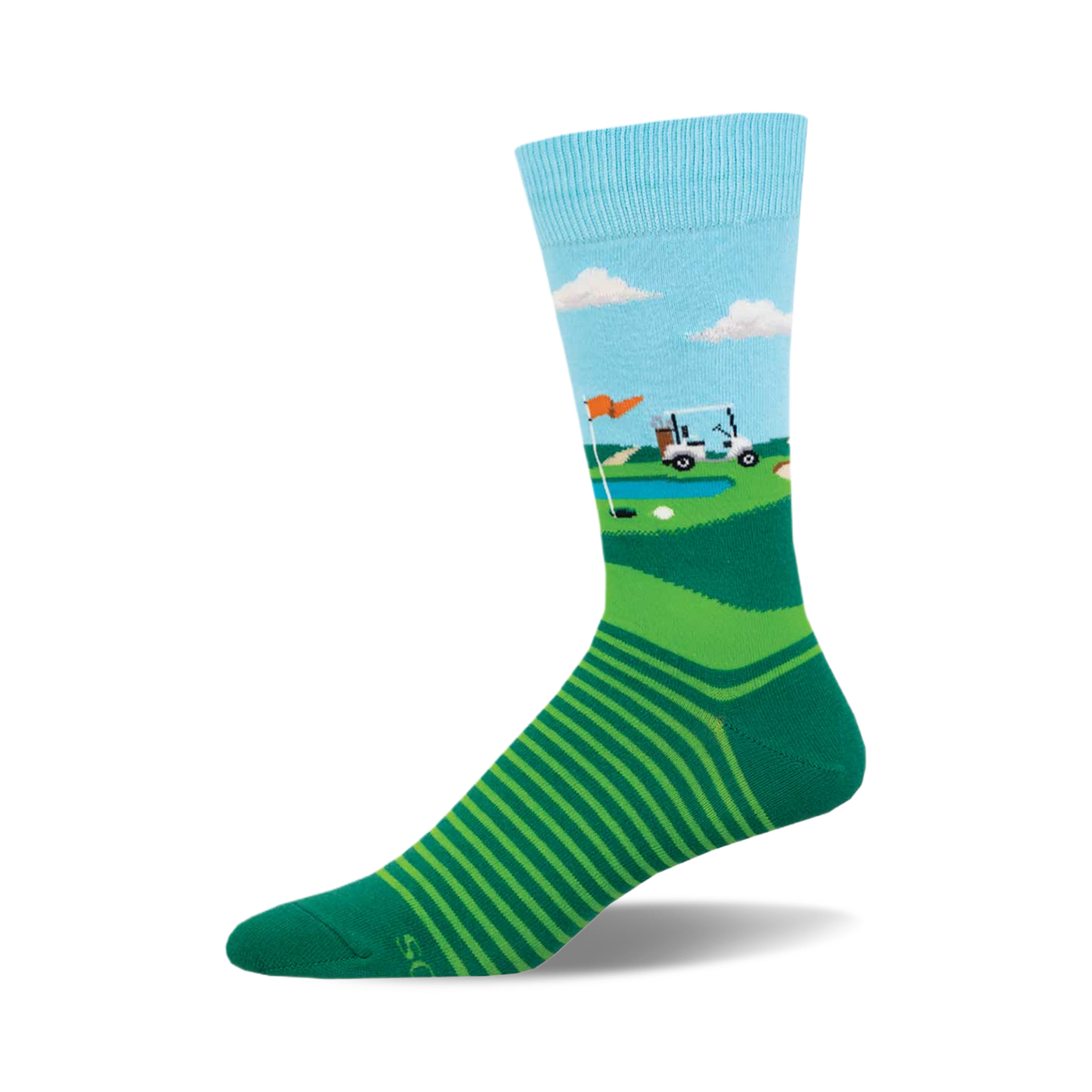 Fore Putt Golf Crew Socks. Light blue, green, and white design features a golf cart on a putting green. Green stripes on the foot.