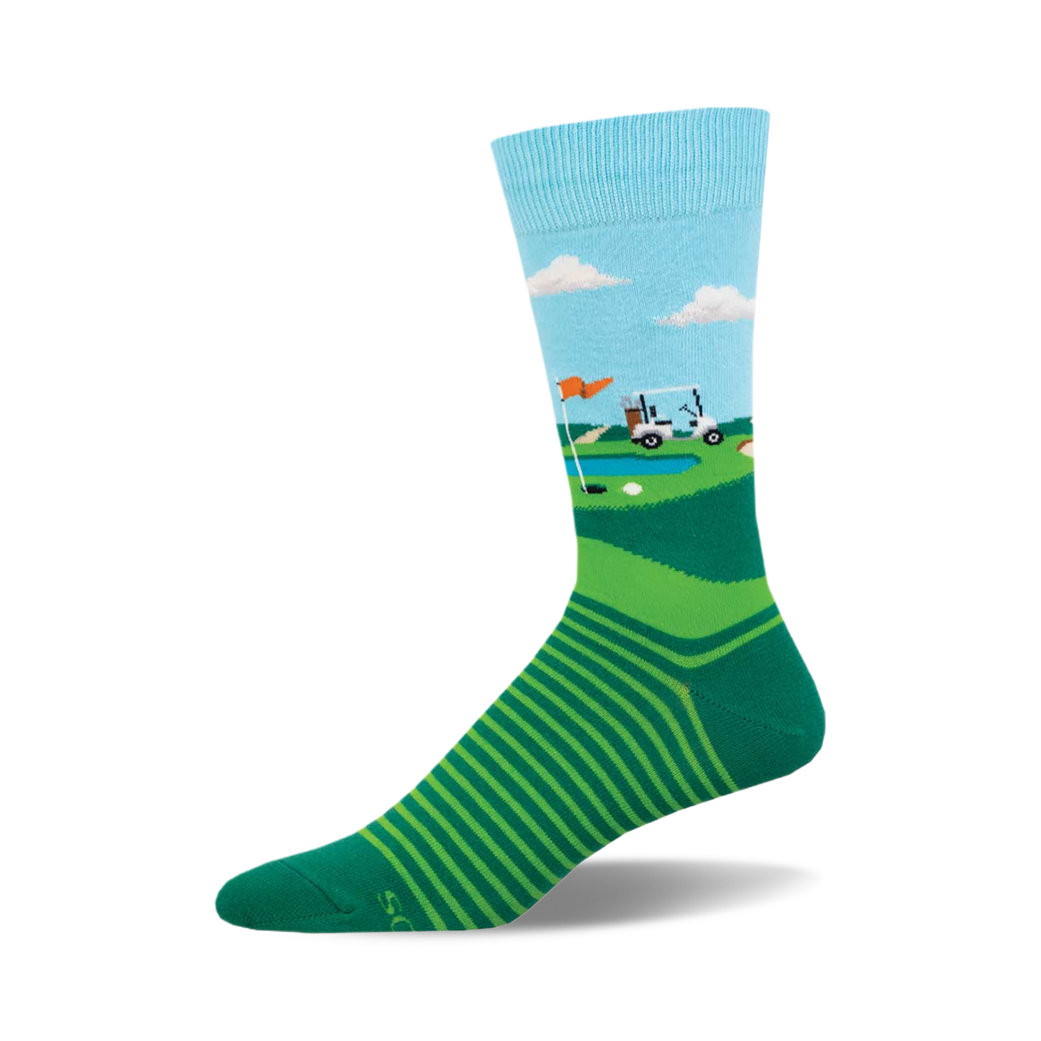 Fore Putt Golf Crew Socks. Light blue, green, and white design features a golf cart on a putting green. Green stripes on the foot.