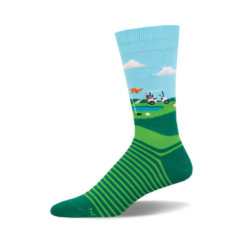 the fore putt socks are green and blue. they have a pattern of golf courses with golf carts and flags.
