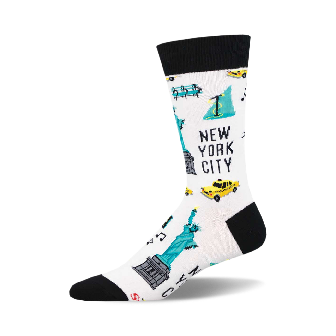 White crew socks with a black cuff, featuring pixel art of the Statue of Liberty, yellow cabs, and other NYC icons in teal and yellow.