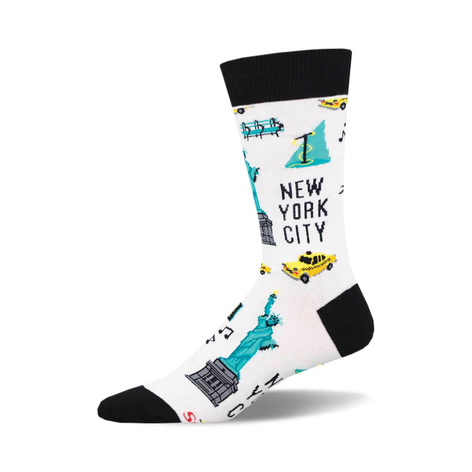 White crew socks with a black cuff, featuring pixel art of the Statue of Liberty, yellow cabs, and other NYC icons in teal and yellow.