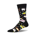 Black crew socks with colorful street food vendor designs including ice cream, pretzels, and food trucks.