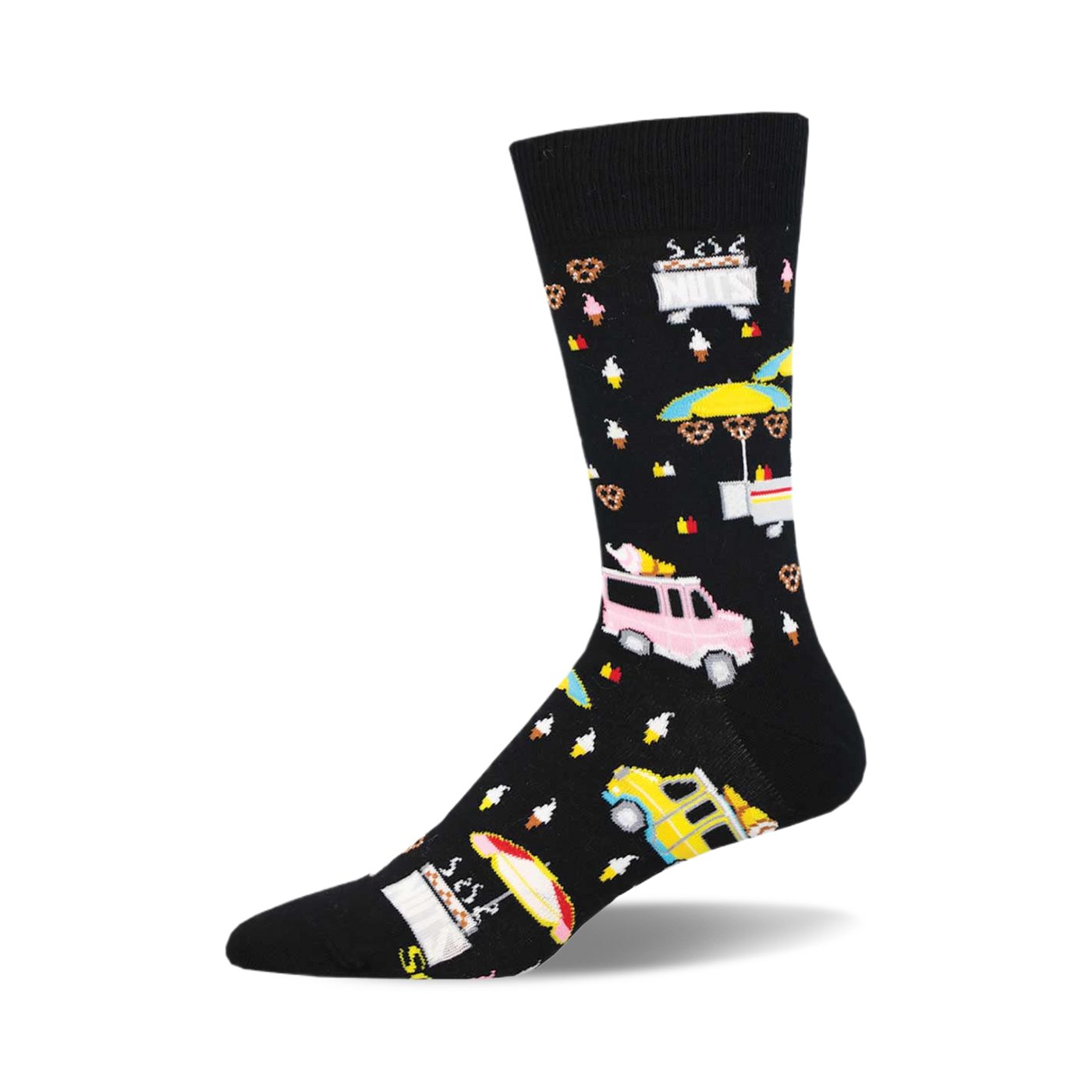 Black crew socks with colorful street food vendor designs including ice cream, pretzels, and food trucks.