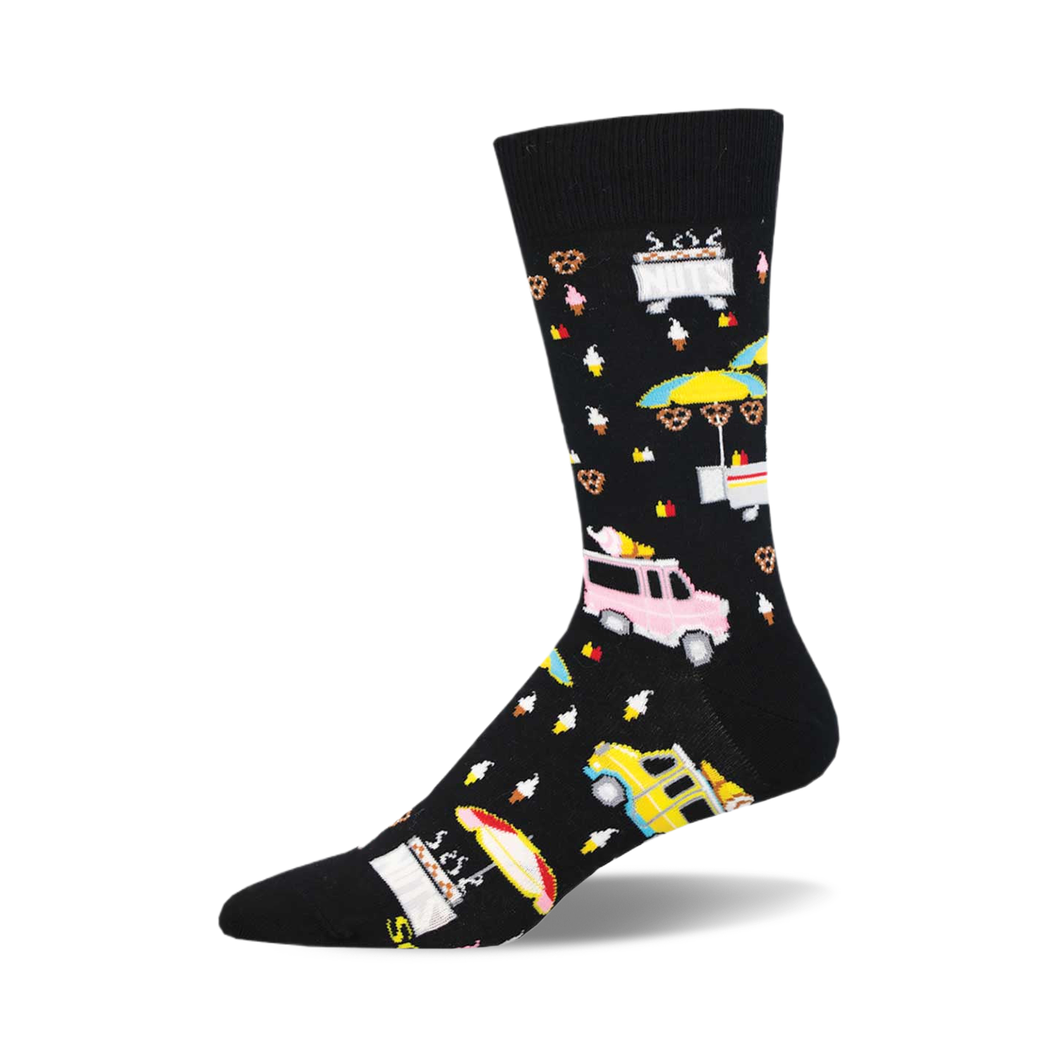 Black crew socks with colorful street food vendor designs including ice cream, pretzels, and food trucks.