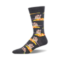 Grey crew socks featuring a repeating pattern of mice enjoying pizza slices.  Fun and quirky design.