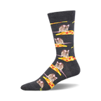 Grey crew socks featuring a repeating pattern of mice enjoying pizza slices.  Fun and quirky design.