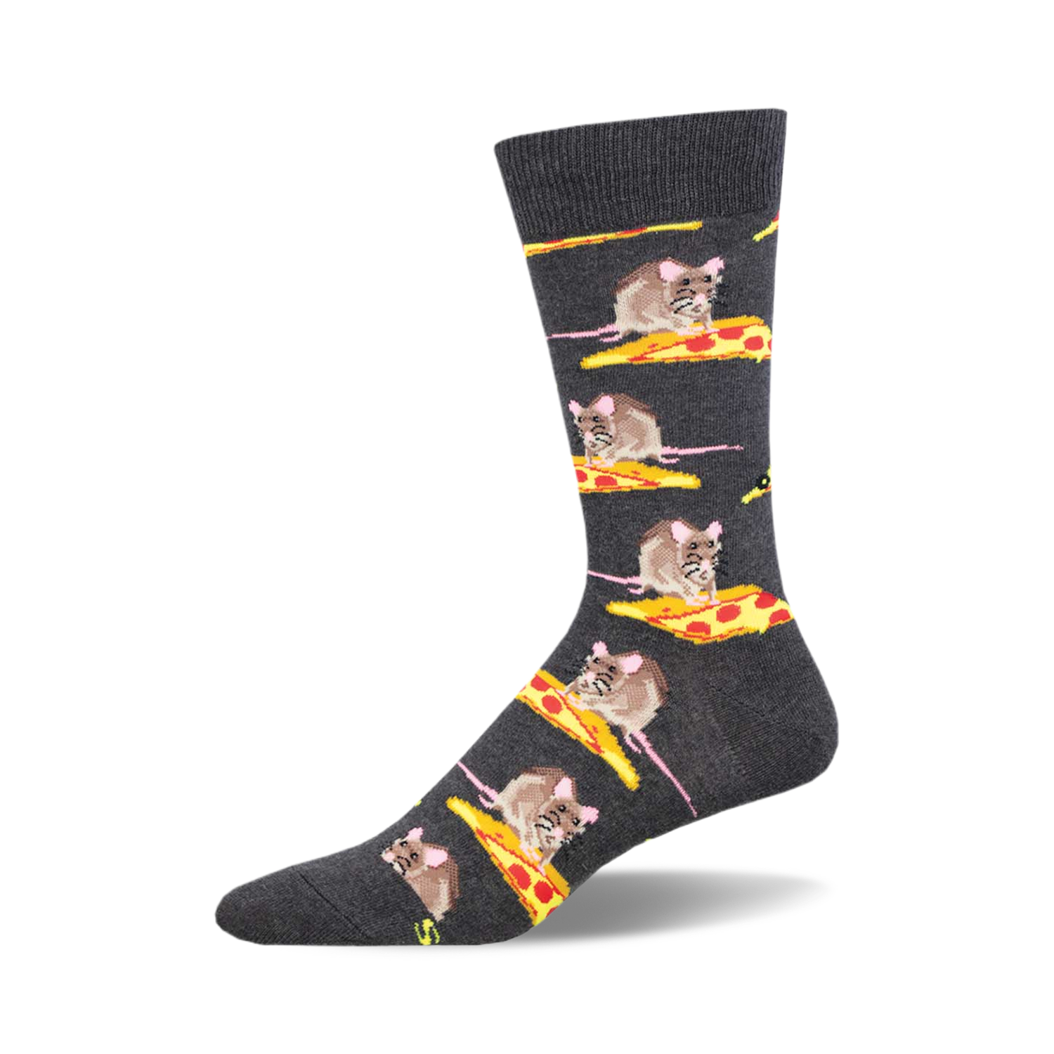 Grey crew socks featuring a repeating pattern of mice enjoying pizza slices.  Fun and quirky design.