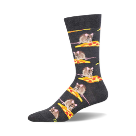 socks that are gray with a pattern of rats eating pizza.