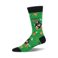 A crew sock in green with a black cuff. The design features a repeating pattern of the grim reaper tending to potted plants, and the text 'Plant Killer'.