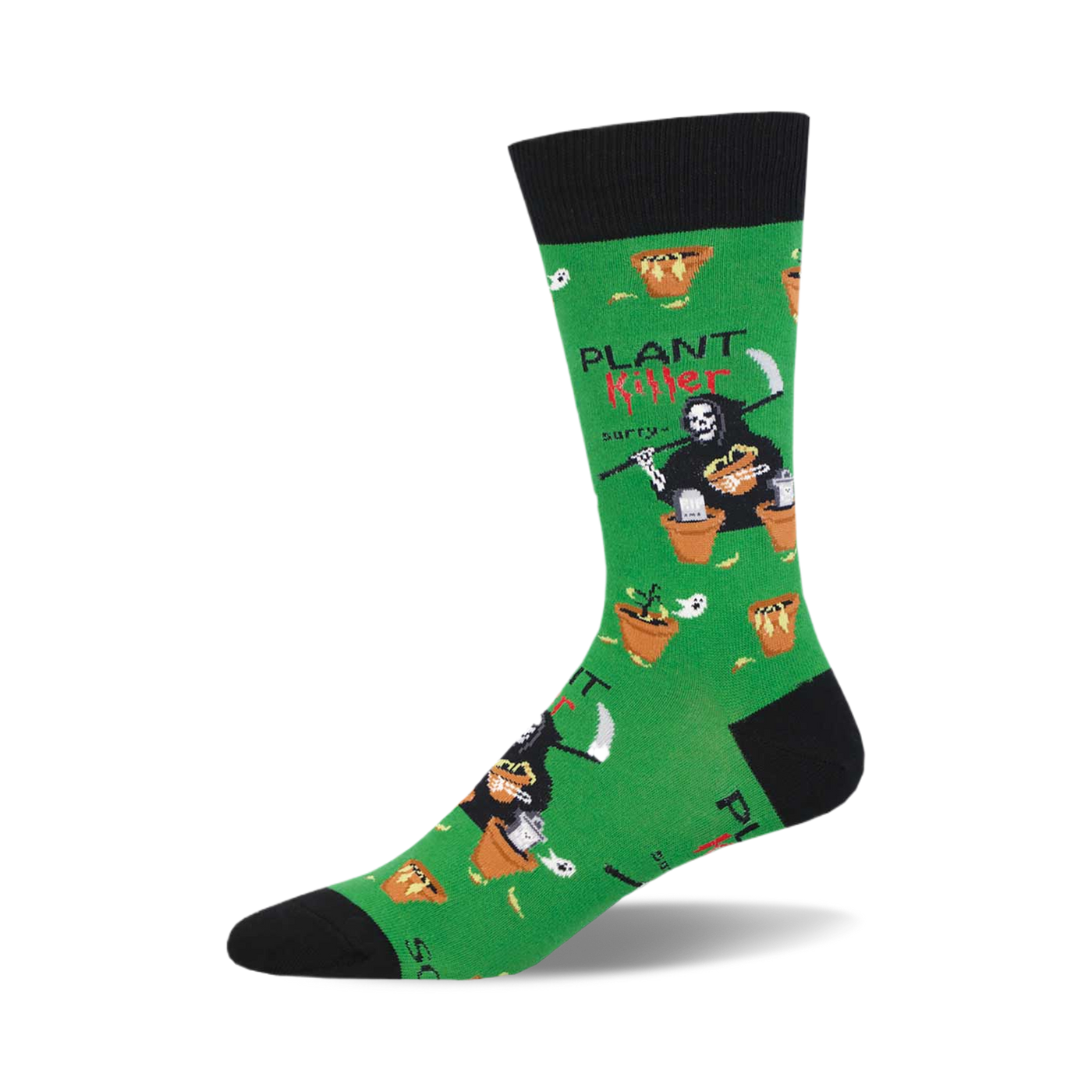 A crew sock in green with a black cuff. The design features a repeating pattern of the grim reaper tending to potted plants, and the text 'Plant Killer'.