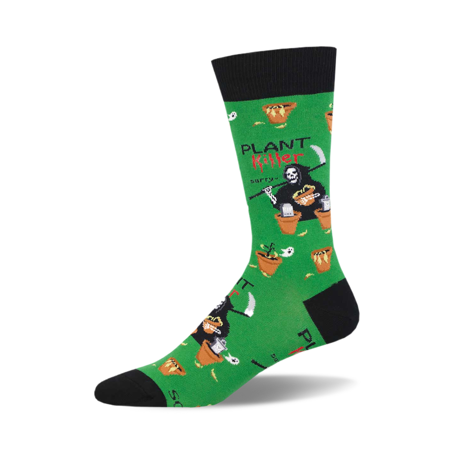 A crew sock in green with a black cuff. The design features a repeating pattern of the grim reaper tending to potted plants, and the text 'Plant Killer'.