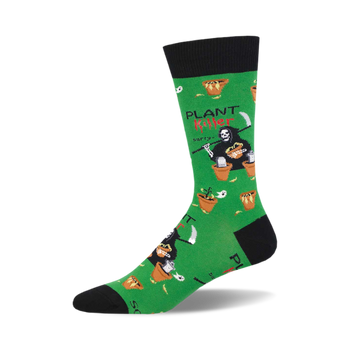 A crew sock in green with a black cuff. The design features a repeating pattern of the grim reaper tending to potted plants, and the text 'Plant Killer'.